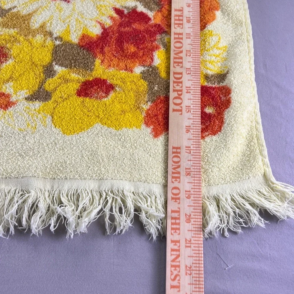 Vintage Cannon Floral bath Towel Orange Yellow  70s Boho Fringe Cotton Blend